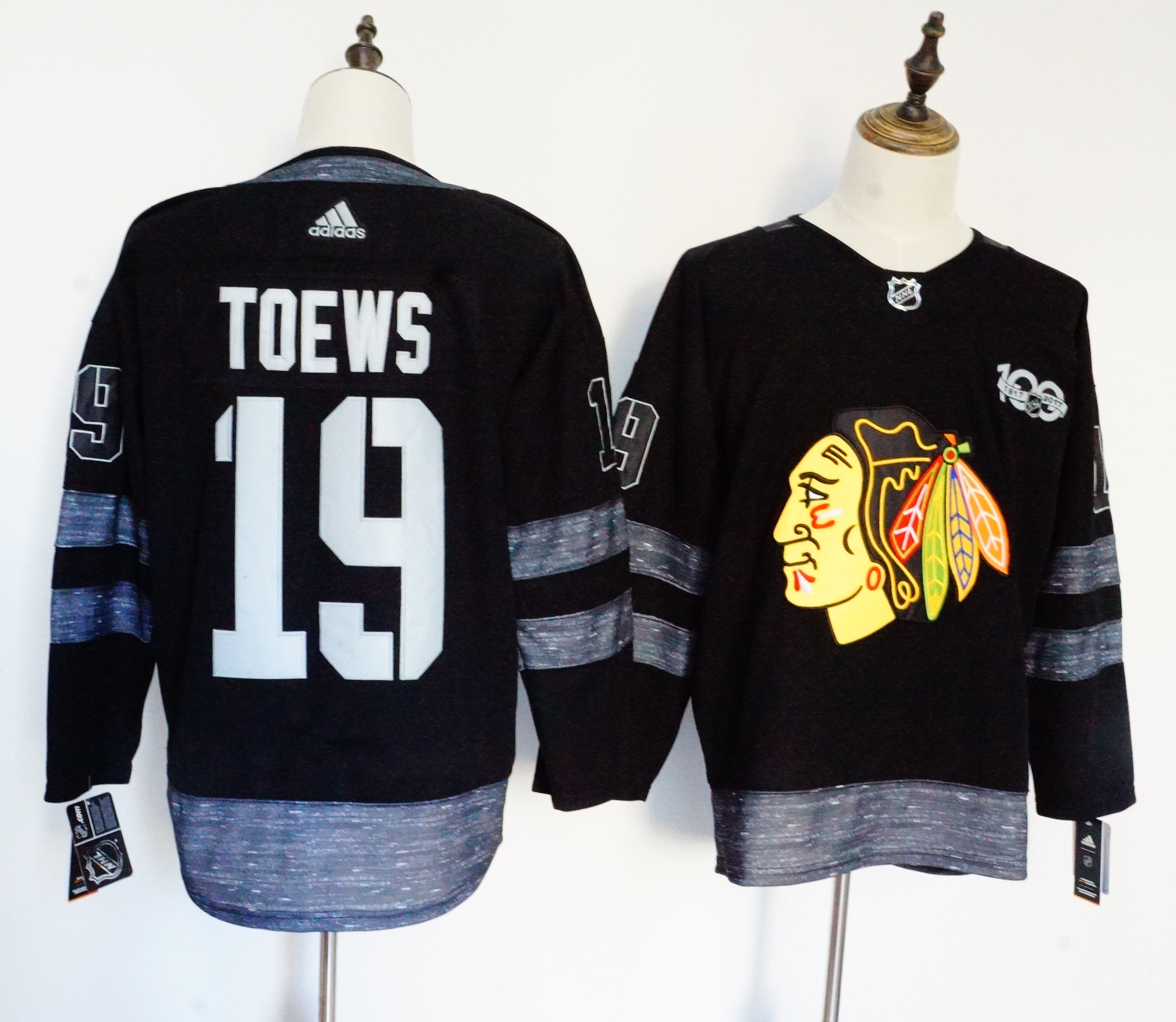 Men Chicago Blackhawks #19 Toews Black 100th Anniversary Stitched Adidas NHL Jerseys